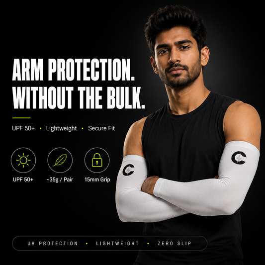 Chaze Fit Pro-Grade AOP arm sleeves front view showing 150 GSM UPF 50+ mesh fabric