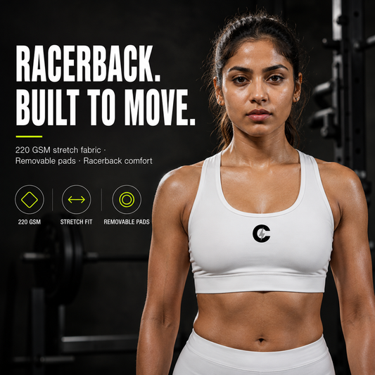Chaze Fit racerback sports bra in all-over print, 220 GSM poly-spandex, front view