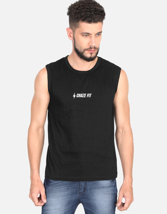 ChazeFit FlexDry Men's Gym Vest Black – 180 GSM Cotton Sleeveless T-Shirt Front View