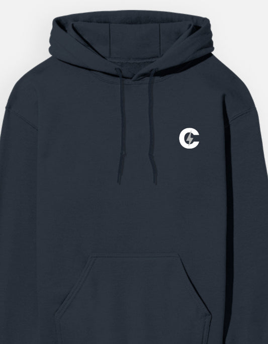 Unisex Hoodie 300 GSM cotton brushed fleece navy blue pocket detail