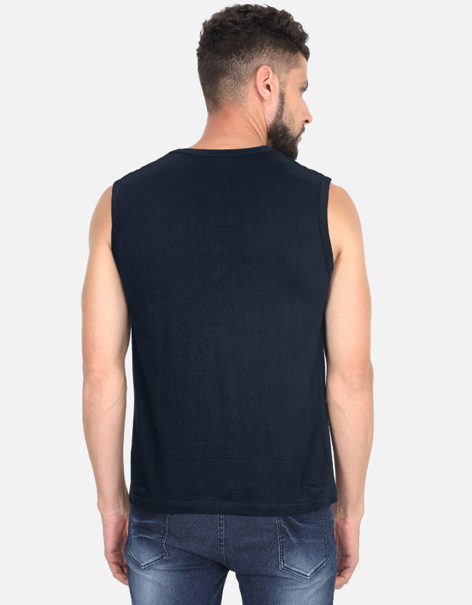 ChazeFit FlexDry Men's Gym Vest Navy Blue – 180 GSM Cotton Sleeveless T-Shirt Back View