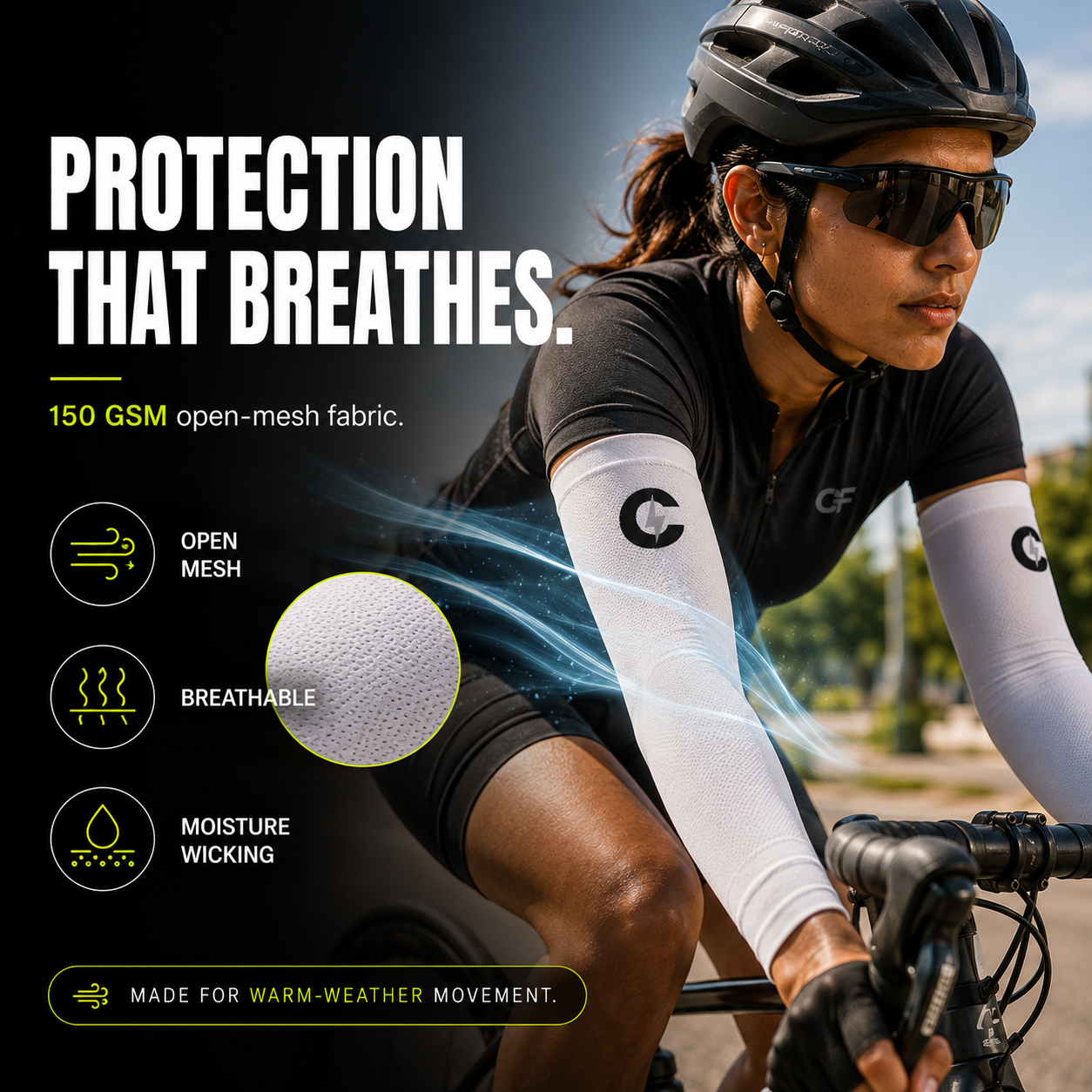 Chaze Fit Pro-Grade AOP arm sleeves worn during a running session outdoors