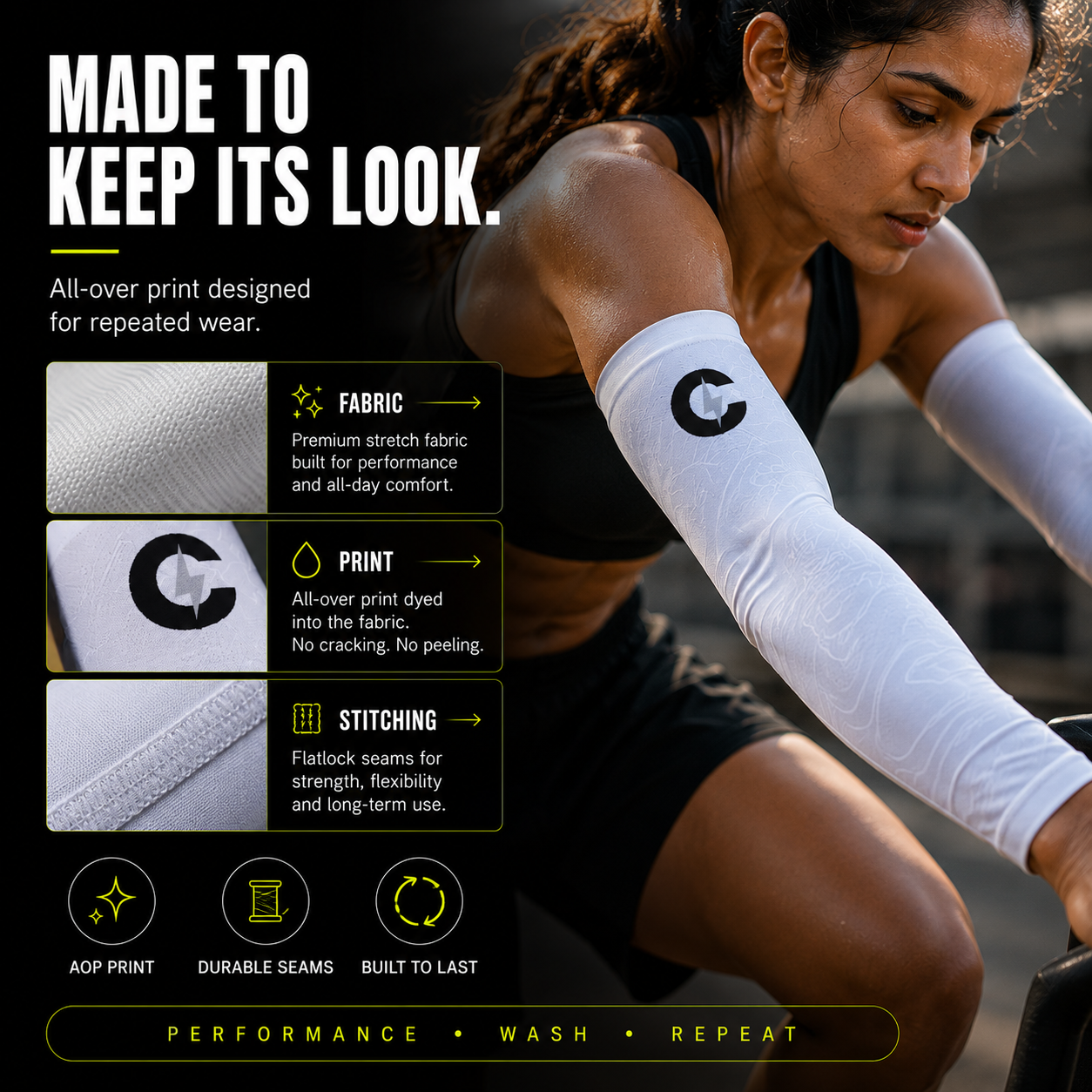 Chaze Fit Pro-Grade AOP arm sleeves stretched to show 4-way flexibility of the mesh fabric