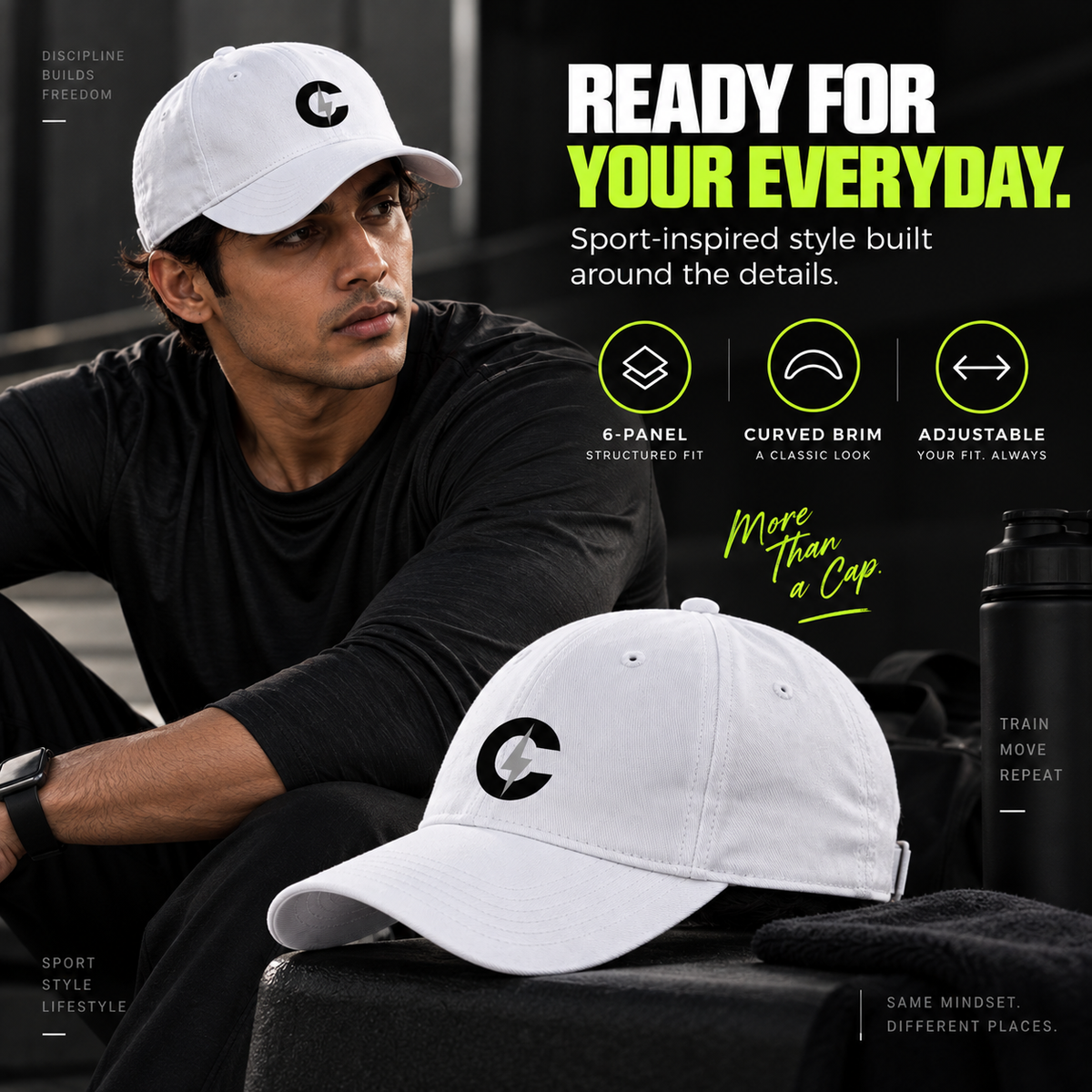 White Chaze Fit sports cap beside a seated model, with six-panel, curved-brim and adjustable-fit callouts