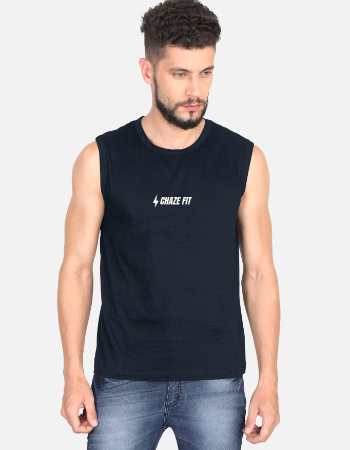 ChazeFit FlexDry Men's Gym Vest Navy Blue – 180 GSM Cotton Sleeveless T-Shirt Front View