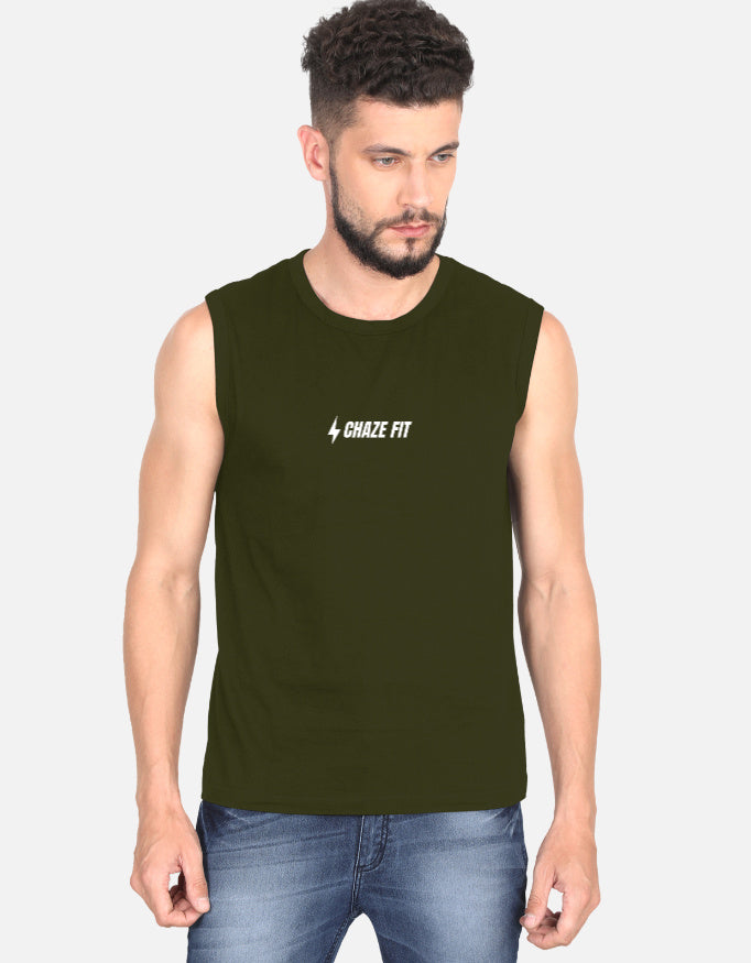 ChazeFit FlexDry Men's Gym Vest Olive Green – 180 GSM Cotton Sleeveless T-Shirt Front View